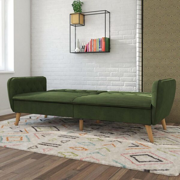 Memory Foam Futon Sofa Bed with Green Velvet Upholstery and Wood Legs - Image 2