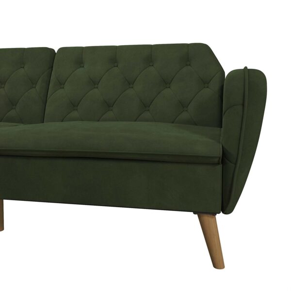 Memory Foam Futon Sofa Bed with Green Velvet Upholstery and Wood Legs - Image 3