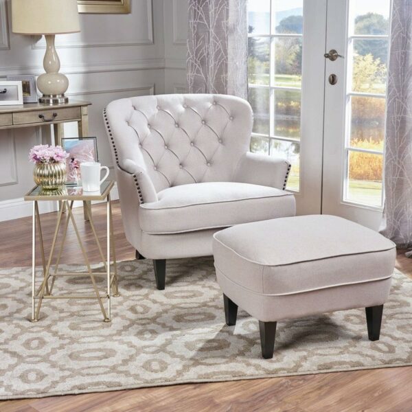 Natural Mid-Century Tufted Upholstered Club Armchair with Ottoman - Image 2