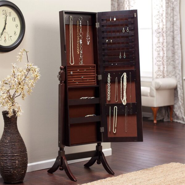 Jewelry Armoire and Full-Length Tilting Mirror in Espresso Brown Wood Finish - Image 2