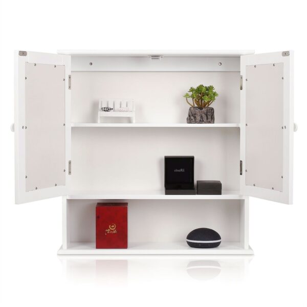White 2-Door Mirrored Medicine Cabinet with Open Shelf - Image 3