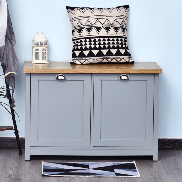 Gray and Oak Finish Wood Top Cabinet Entryway Storage Bench - Image 3
