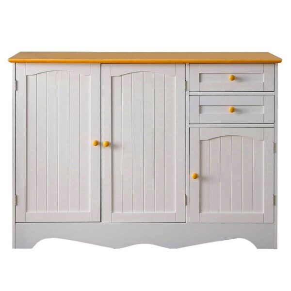 White Sideboard Buffet Cabinet with Light Wood Finish Top and Knobs - Image 2