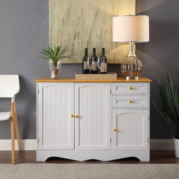 White Sideboard Buffet Cabinet with Light Wood Finish Top and Knobs - Image 3