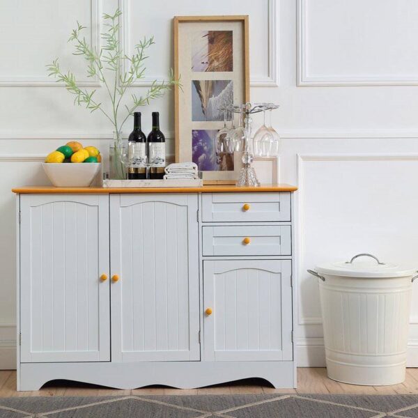 White Sideboard Buffet Cabinet with Light Wood Finish Top and Knobs - Image 4