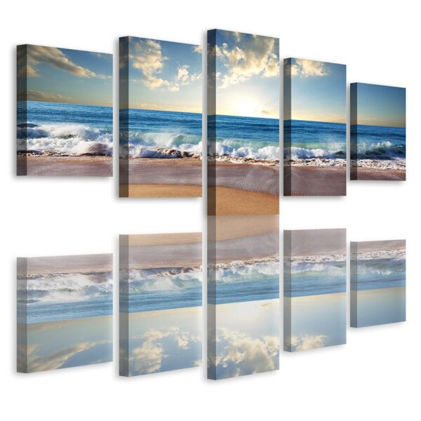 Beach Ocean Seascape 5-Panel Framed Canvas Print Wall Art - Image 2