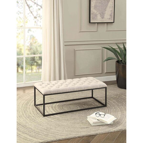 Beige Fabric Padded Button-Tufted Ottoman Accent Bench with Metal Frame - Image 2