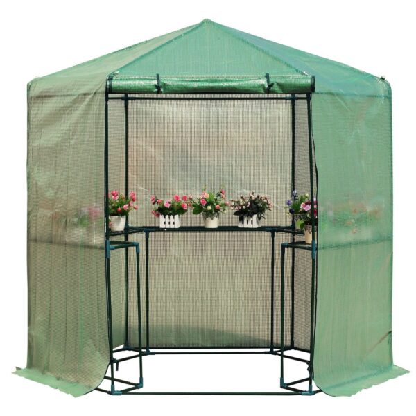 Outdoor Hexagon Greenhouse 6.5 x 7 Ft with Steel Frame PE Cover and Shelves - Image 2