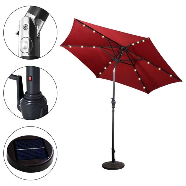 Burgundy 9-Ft Patio Umbrella with Steel Pole Crank Tilt and Solar LED Lights - Image 4