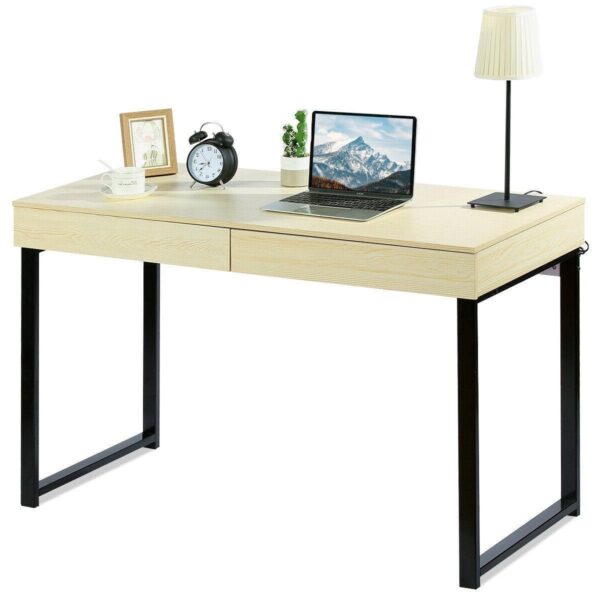 Modern Metal Wood Home Office Desk with 2 Drawers - Image 3
