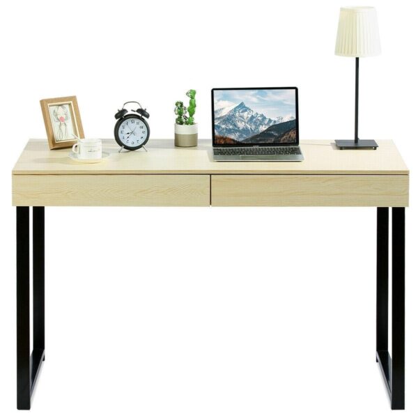 Modern Metal Wood Home Office Desk with 2 Drawers - Image 4