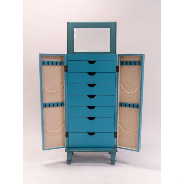 Vintage Turquoise Hand Painted Jewelry Armoire with Antique Drawer Pulls - Image 3