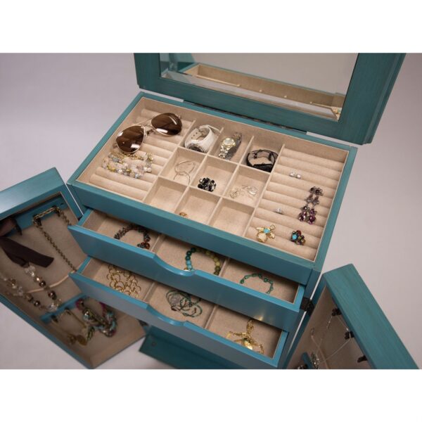 Vintage Turquoise Hand Painted Jewelry Armoire with Antique Drawer Pulls - Image 4