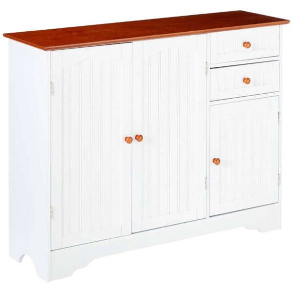 White Wood Sideboard Buffet Cabinet with Walnut Finish Top and Knobs - Image 2