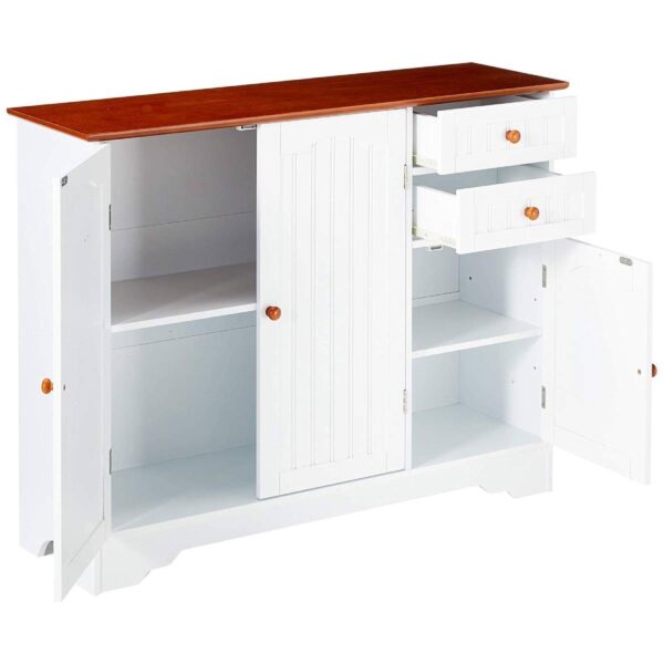 White Wood Sideboard Buffet Cabinet with Walnut Finish Top and Knobs - Image 3