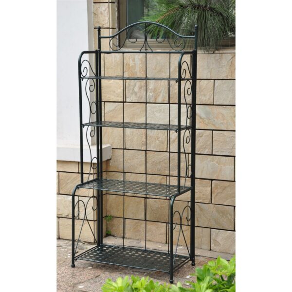 Indoor / Outdoor Folding Iron 4-Shelf Bakers Rack in Bronze with Lattice Shelves - Image 2