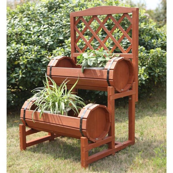 Red Cedar Double-Barrel 2 Tier Planter Stand with Built In Trellis - Image 2