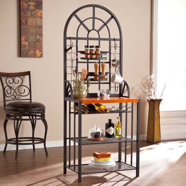 Farmhouse 3 Tier Steel Wood Top Utility Hooks Kitchen Baker's Wine Rack - Image 5