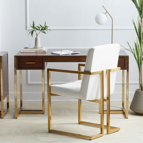 Modern Ivory Velvet Channel Tufted Brass-Plated Retro Office Chair - Image 2