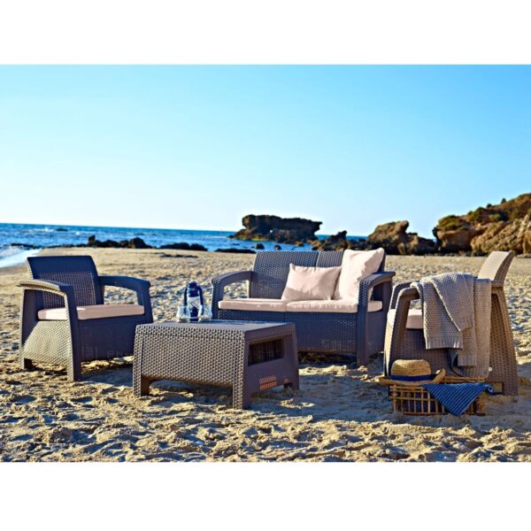 Brown Resin Wicker Patio Furniture Set with Off-White Cushions - Image 3