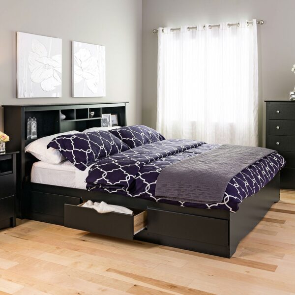 King size Black Wood Platform Bed Frame with Storage Drawers - Image 2