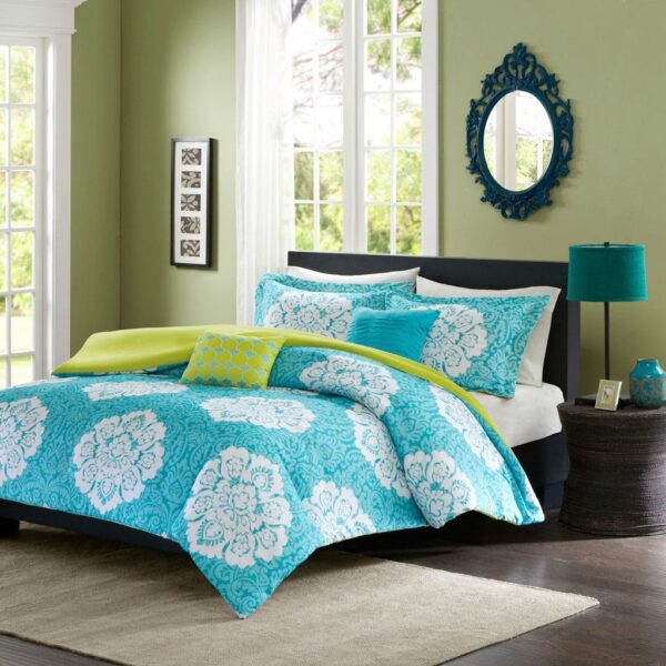 King size 5-Piece Floral Damask Comforter Set in Teal Blue White and Green Colors - Image 2