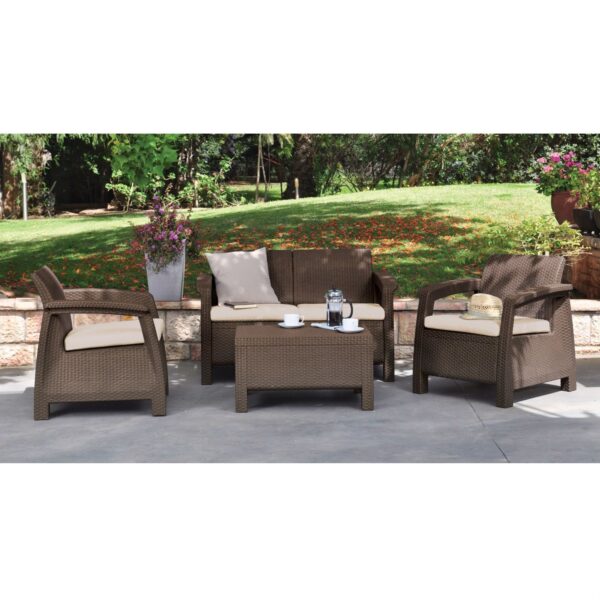 Modern Patio Table Ottoman in Brown Outdoor Weather Resistant Plastic Rattan - Image 3