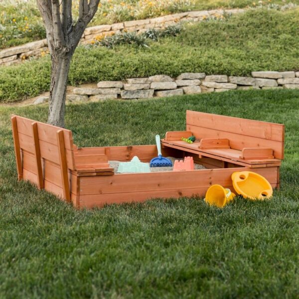 Sturdy Brown Cedar Kids Complete Seated Bench Sandbox - Image 2