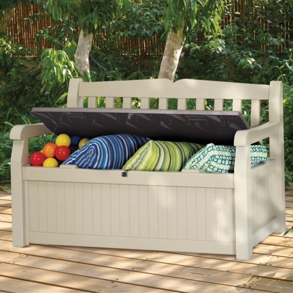 Beige Resin Eco-Friendly 70-Gallon Outdoor Garden Bench Deck Box - Image 2
