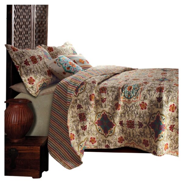 King size 5 Piece Reversible Cotton Quilt Set with Bohemian Motif - Image 2