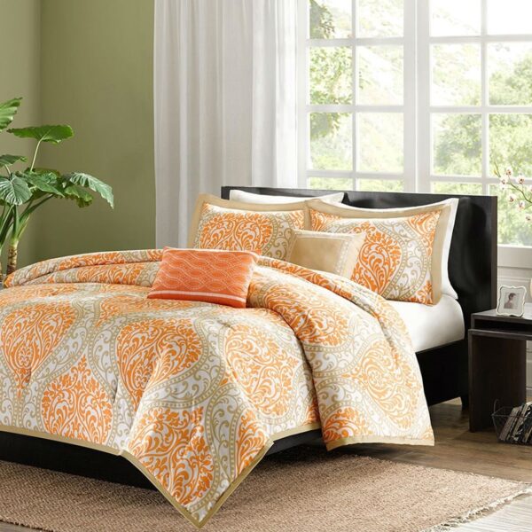 King size 5-Piece Comforter Set in Orange Damask Print - Image 2