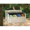 Patio Bench with Arm Rest and Storage Box in Beige Weather Resistant Resin - Image 2