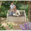 Patio Bench with Arm Rest and Storage Box in Beige Weather Resistant Resin - Image 3
