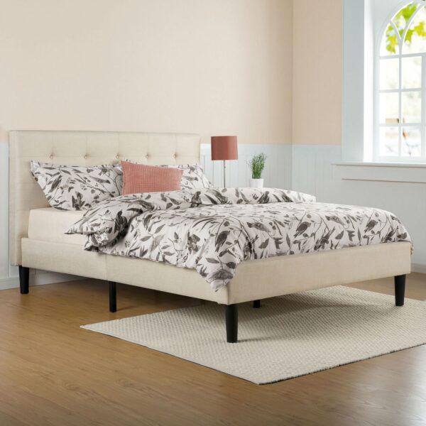King size Taupe Beige Upholstered Platform Bed Frame with Headboard - Image 2