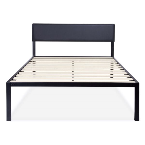 King size Metal Wood Slat Platform Bed Frame with Black Padded Headboard - Image 2