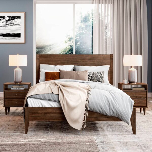 King Size Rustic Walnut Mid Century Slatted Platform Bed - Image 5