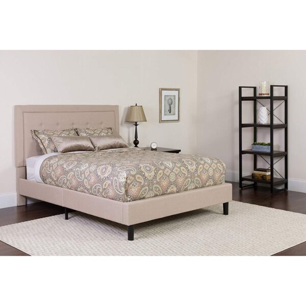 King Beige Upholstered Platform Bed Frame with Button Tufted Headboard - Image 3