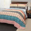 King size Cotton 3 Piece Reversible Teal Orange Bohemian Stripe Quilt Set - Image 2