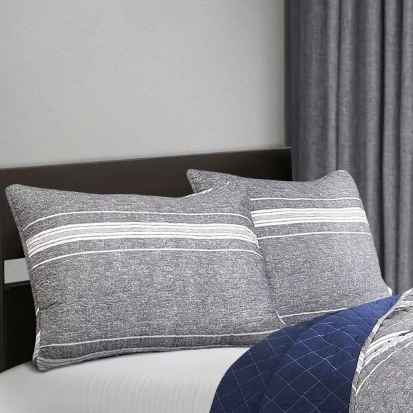 King Gray Navy Stripe Motif 100% Cotton Reversible Quilt Coverlet Bedspread Set - Image 2
