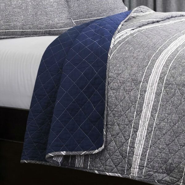 King Gray Navy Stripe Motif 100% Cotton Reversible Quilt Coverlet Bedspread Set - Image 3