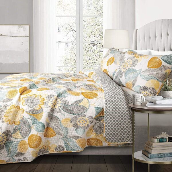 3 Piece Reversible Yellow Grey Floral Cotton Quilt Set in King Size - Image 2