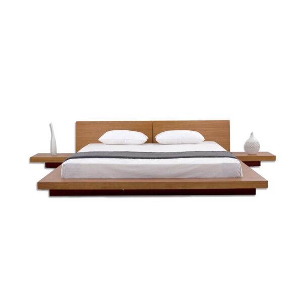 King Modern Japanese Style Platform Bed with Headboard and 2 Nightstands in Oak - Image 2