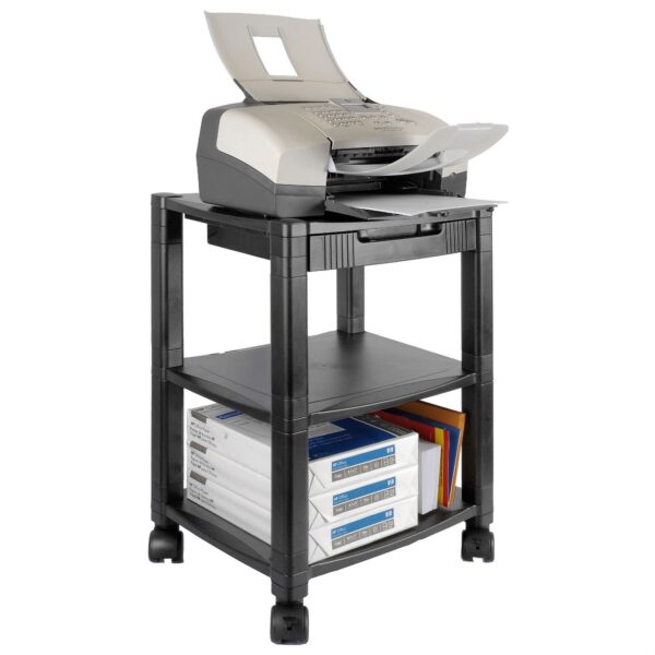 3-Shelf Mobile Printer Stand with Organizer Drawer in Black - Image 2