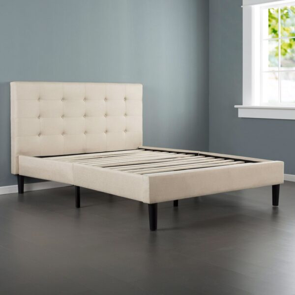 King size Upholstered Platform Bed Frame with Button Tufted Headboard in Taupe - Image 2