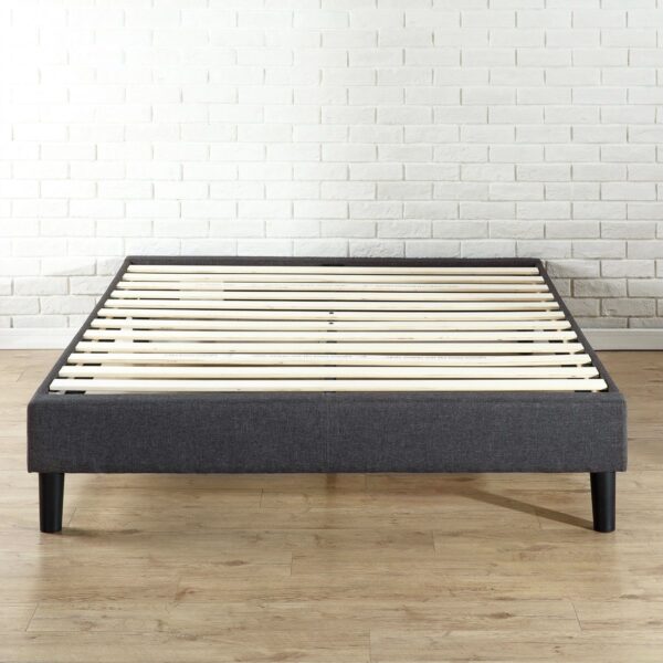 King size Grey Upholstered Platform Bed Frame with Mid-Century Style Legs - Image 2