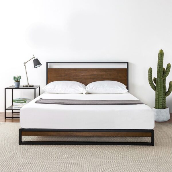 King size Metal Wood Platform Bed Frame with Headboard - Image 3