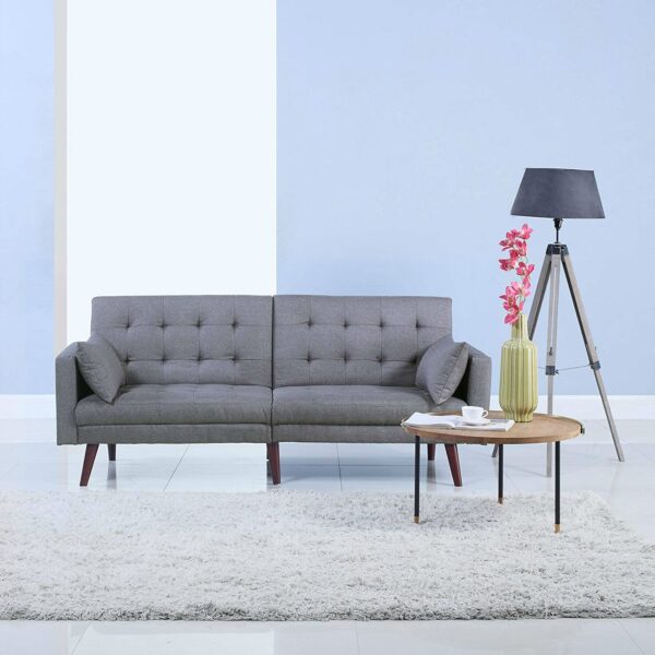 Modern Mid-Century Light Grey Linen Split-Back Sofa Bed - Image 5