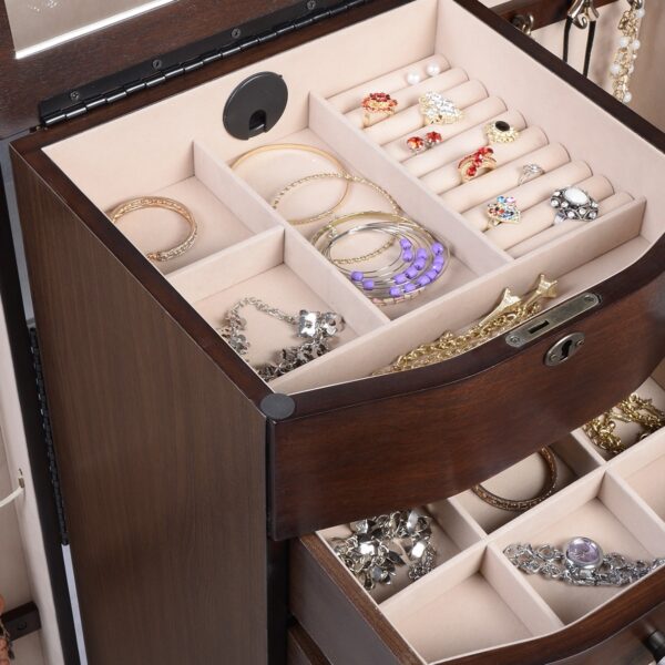 Dark Brown Wood Jewelry Armoire Storage Chest with Mirror - Image 5