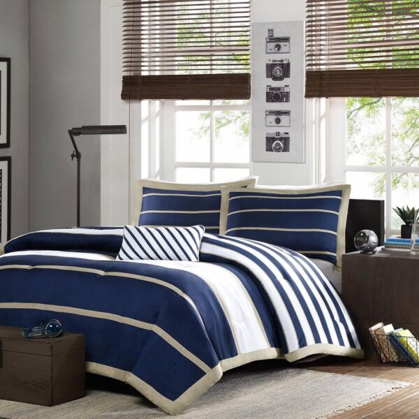 Full / Queen size Comforter Set in Navy Blue White Khaki Stripe - Image 2