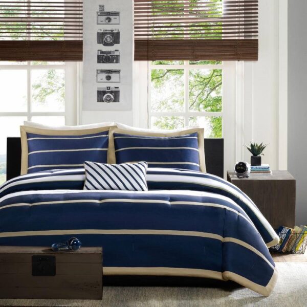 Full / Queen size Comforter Set in Navy Blue White Khaki Stripe - Image 4